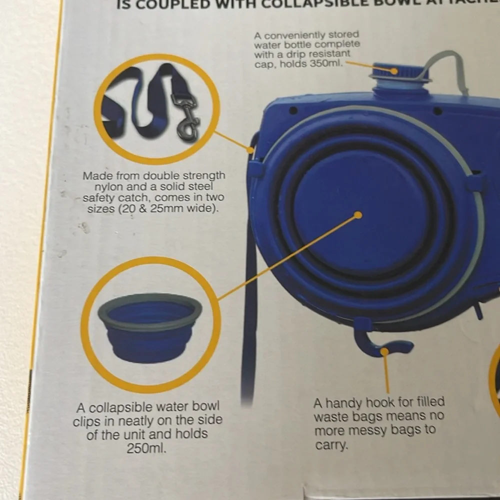 NWT Berkshire 5-in-1 Multi Dog Leash, Water Bot, Hook, Bowl, Bag Dispenser Blue